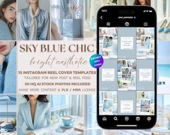 Blue Aesthetic Instagram Reel Covers PLR MRR Stock Photo Cozy Chic Lifestyle Faceless Digital Marketing Social Media Template Soft Girl Boss