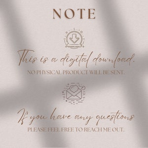 Op de afbeelding: Een notitie met de tekst "NOTE" in bruine letters. De notitie luidt "Dit is een digitale download. ER WORDT GEEN FY SIEK PRODUCT VERZONDEN." en "Als je vragen hebt, NEEM DAN GERUST CONTACT MET ME OP."