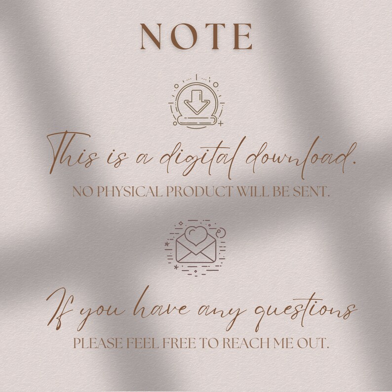 Op de afbeelding: Een notitie met de tekst "NOTE" in bruine letters. De notitie luidt "Dit is een digitale download. ER WORDT GEEN FY SIEK PRODUCT VERZONDEN." en "Als je vragen hebt, NEEM DAN GERUST CONTACT MET ME OP."