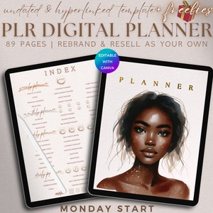 Pode incluir: Um modelo de planner digital com 89 páginas, com uma ilustração em aquarela de uma mulher com pele marrom e glitter dourado. O modelo é editável com Canva e inclui um índice com seções para planejamento anual, mensal, semanal e diário. O texto "PLANNER" está escrito em letras douradas no topo da página, e "MONDAY START" está escrito na parte inferior.