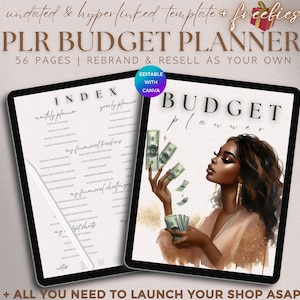 Puede incluir: Una tableta digital que muestra un planificador de presupuesto con una imagen de portada de una mujer de piel morena y cabello negro largo sosteniendo dinero. El texto en la portada dice "BUDGET planner". El texto en la pantalla de la tableta dice "INDEX" y enumera varios temas de planificación presupuestaria como "planificador mensual", "planificador anual", "mis rastreadores financieros", "mis desafíos financieros" y "mis hojas de presupuesto".