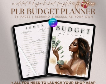 May include: A digital tablet displaying a budget planner with a cover image of a woman with brown skin and long black hair holding money. The text on the cover reads "BUDGET planner". The text on the tablet screen reads "INDEX" and lists various budget planning topics such as "monthly planner", "yearly planner", "my financial trackers", "my financial challenges", and "my budget sheets".