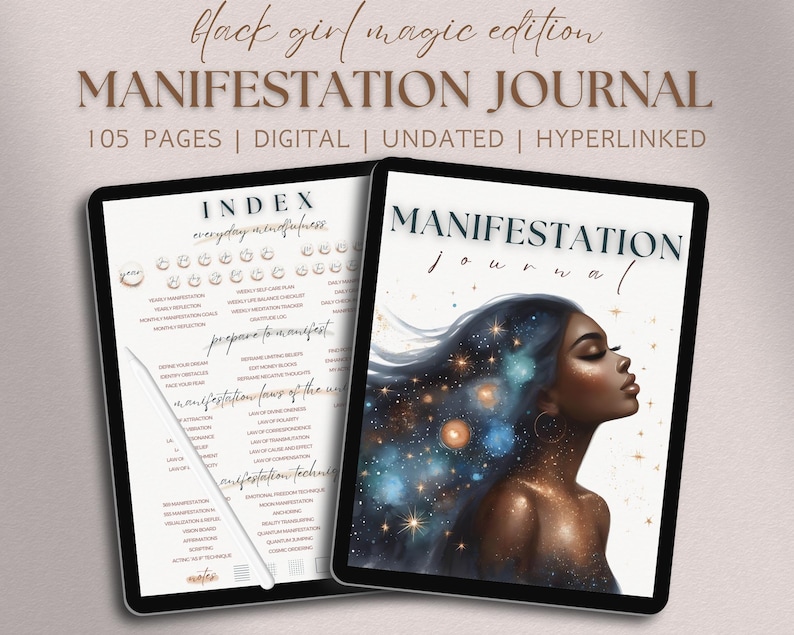 Peut inclure: Un journal de manifestation num&eacute;rique de 105 pages, non dat&eacute; et hyperli&eacute;. La couverture pr&eacute;sente une femme noire dont les cheveux se fondent dans une galaxie d'&eacute;toiles. Le texte "MANIFESTATION JOURNAL" est en grandes lettres grasses.