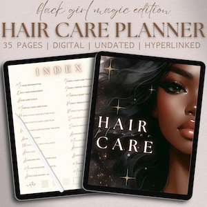 Pianificatore digitale per la cura dei capelli, pianificazione della routine per la cura dei capelli della ragazza nera, tracker di bellezza luminoso, diario sulla salute dei capelli e del cuoio capelluto, ricetta per la cura dei capelli SPA