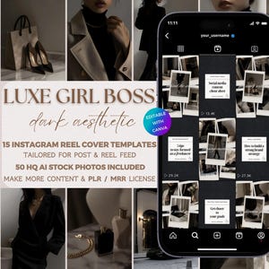Girl Boss Aesthetic Instagram Reel Covers, PLR MRR Stock Photos Dark Luxury Faceless Digital Marketing Social Media Template, Branding Kit