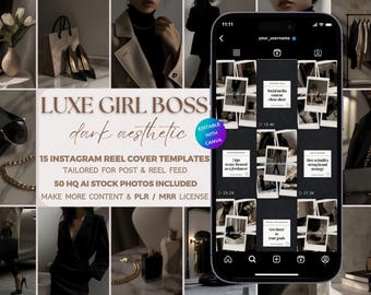 Girl Boss Aesthetic Instagram Reel Covers, PLR MRR Stock Photos Dark Luxury Faceless Digital Marketing Social Media Template, Branding Kit