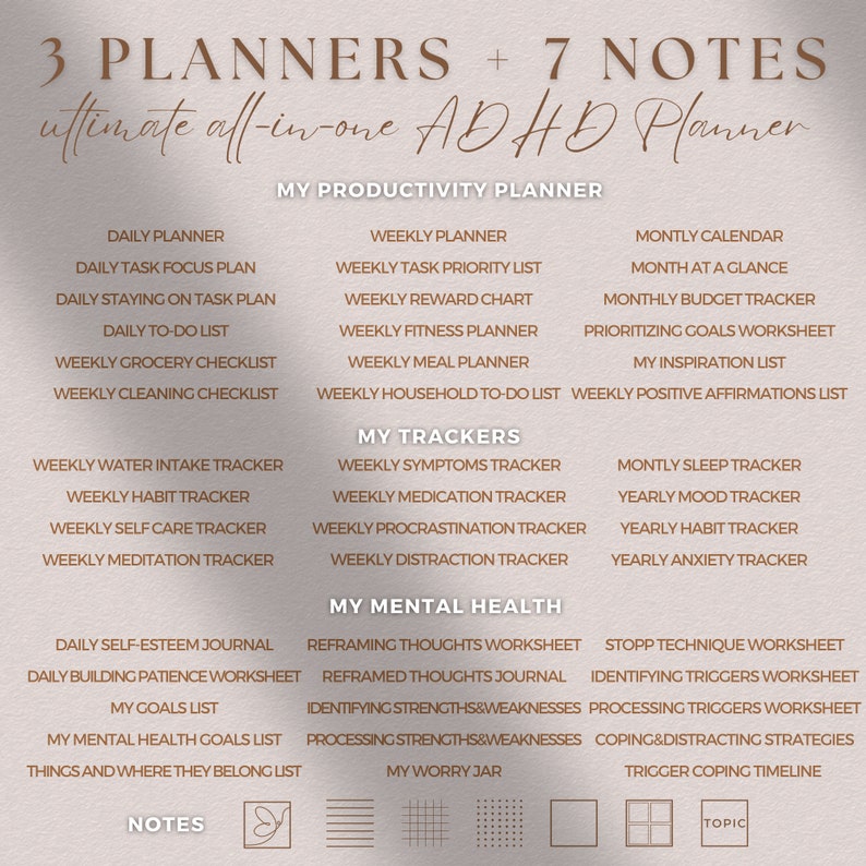 PLR ADHD Planner Digital, Editable Planner Commercial Use, Undated Printable ADHD Journal, Hyperlinked Digital Adhd Planner Resell Template