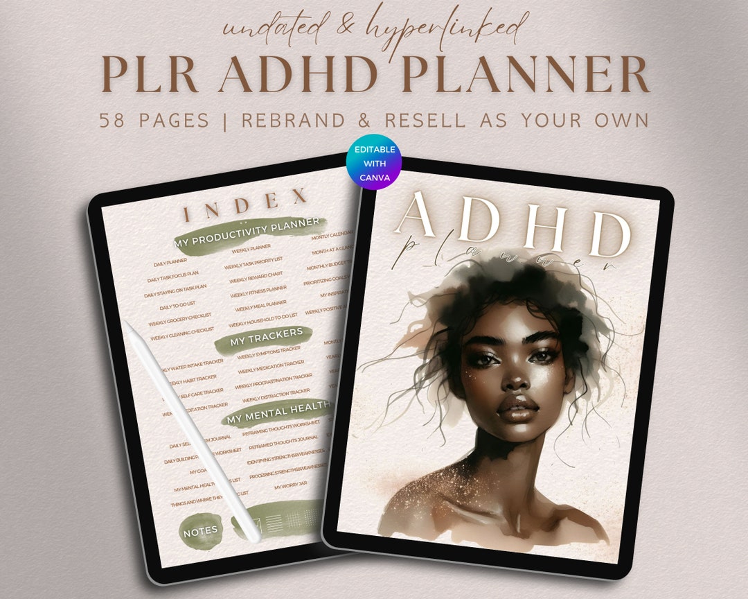 PLR ADHD Planner Adult, Editable Planner Commercial Use, Undated ADHD