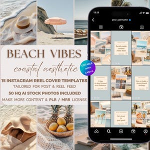 Pode incluir: Uma maquete digital de uma tela de telefone que mostra nove modelos de capa de carretel do Instagram com tema de praia. Os modelos apresentam imagens de praias, pores do sol e frutas tropicais. O texto "BEACH VIBES coastal aesthetic" é exibido na parte superior da imagem. O texto "15 INSTAGRAM REEL COVER TEMPLATES" é exibido abaixo da tela do telefone. O texto "TAILORED FOR POST & REEL FEED" é exibido abaixo do texto anterior. O texto "50 HQ AI STOCK PHOTOS INCLUDED" é exibido abaixo do texto anterior. O texto "MAKE MORE CONTENT & PLR / MRR LICENSE" é exibido abaixo do texto anterior.