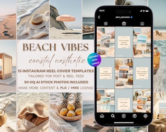 Coastal Aesthetic Instagram Reel Covers, PLR MRR Stock Photo Beach Tropical Faceless Digital Marketing Social Media Template Travel Vacation