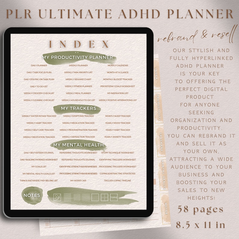 PLR ADHD Planner Digital, Editable Planner Commercial Use, Undated Printable ADHD Journal, Hyperlinked Digital Adhd Planner Resell Template