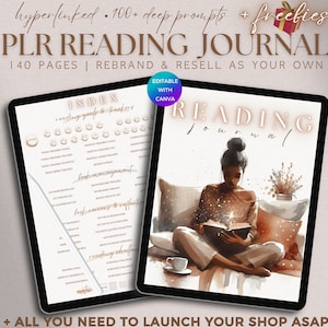 PLR Reading Journal Digital Editable Bookish Planner Commercial Use, Book Review Library Tracker Literary Challenge DFY Template To Resell
