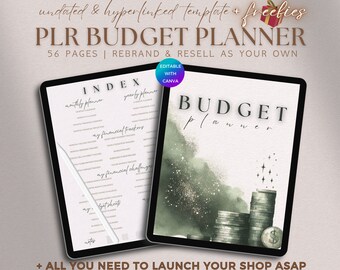 May include: A digital tablet displaying a budget planner template with a green watercolor background and a stack of coins. The template includes sections for monthly and yearly planning, financial trackers, and financial challenges. The text "BUDGET planner" is displayed in a large font on the tablet screen. The text "INDEX" is displayed at the top of the tablet screen. The text "EDITABLE WITH CANVA" is displayed in a small box on the top right corner of the tablet screen. The text "56 PAGES | REBRAND & RESELL AS YOUR OWN" is displayed at the top of the image.