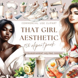 Quella ragazza estetica clipart acquerello cura di sé clipart cibo sano dessert cosmetici stile di vita ragazza pulita clip art bundle png carta artigianale