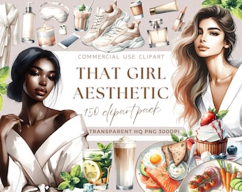 That Girl Aesthetic Clipart Watercolor Self Care Clipart Healthy Food Dessert Cosmetic Lifestyle Clean Girl Clip Art Bundle PNG Paper Craft