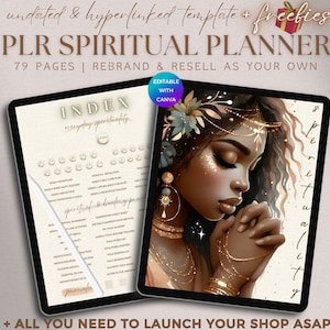 Puede incluir: Un planificador digital con una portada marrón y dorada que presenta a una mujer con las manos juntas en oración. El planificador se titula "PLR Spiritual Planner" e incluye 79 páginas. El texto "Editable with Canva" está en un cuadro blanco con un borde marrón. El texto "Index" está en un cuadro marrón con un borde blanco. El texto "everyday spirituality" está en un cuadro blanco con un borde marrón. El texto "spiritual & healing practices" está en un cuadro blanco con un borde marrón. El texto "+ All you need to launch your shop ASAP" está en la parte inferior de la imagen.