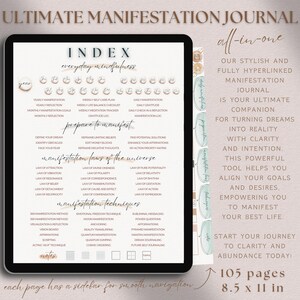 Peut inclure: Un planificateur num&eacute;rique avec un design rose et blanc. Le planificateur est intitul&eacute; "Ultimate Manifestation Journal" et comprend un index avec des sections pour la pleine conscience au quotidien, la pr&eacute;paration &agrave; la manifestation, les lois de la manifestation de l'univers et les techniques de manifestation. Le planificateur est d&eacute;crit comme "tout-en-un" et "enti&egrave;rement hyperli&eacute;". Le texte indique &eacute;galement que le planificateur compte 105 pages et mesure 8,5 x 11 pouces.