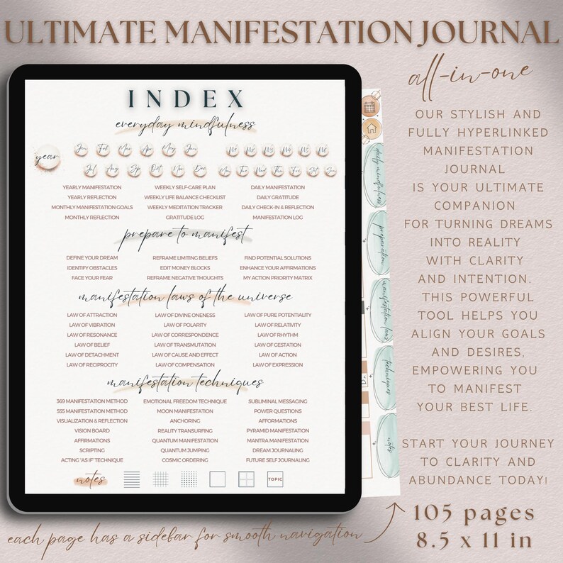 Peut inclure: Un planificateur num&eacute;rique avec un design rose et blanc. Le planificateur est intitul&eacute; "Ultimate Manifestation Journal" et comprend un index avec des sections pour la pleine conscience au quotidien, la pr&eacute;paration &agrave; la manifestation, les lois de la manifestation de l'univers et les techniques de manifestation. Le planificateur est d&eacute;crit comme "tout-en-un" et "enti&egrave;rement hyperli&eacute;". Le texte indique &eacute;galement que le planificateur compte 105 pages et mesure 8,5 x 11 pouces.