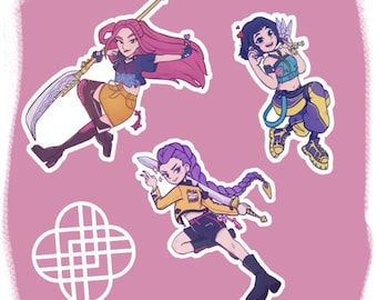 May include: Illustration of three anime-style characters in action poses, each holding a weapon. The characters have different hair colors and outfits, set against a pink background with a white geometric design.
