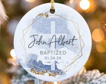 Personalized Baptism Ornament for Boy - Name + Date Custom Baptized Ornament - Blue Watercolor Christened Ornament - Baptism - MO-0052