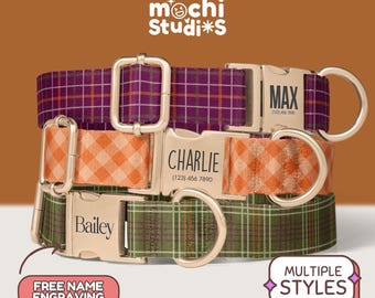 Plaid Personalized Dog Collar With Name Engraving, Custom Engraved Name Dog Collars, Personalized Engraved Name Dog Collar Gift Idea(DC-174)
