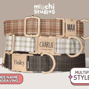 Plaid Striped Personalized Dog Collar - Plaid Pattern, Custom Name & Phone Number, Collar Leash Set, Gift for Dogs, Metal Buckle DC-004