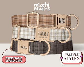 Plaid Striped Personalized Dog Collar - Plaid Pattern, Custom Name & Phone Number, Collar Leash Set, Gift for Dogs, Metal Buckle DC-004