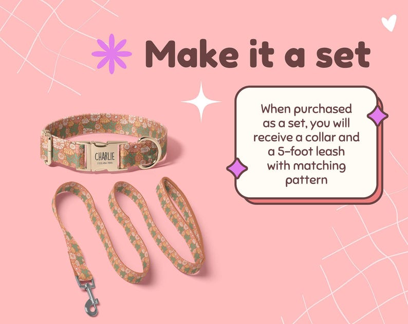 Vintage Floral Dog Collar Personalized, Custom Dog Collar with Name, Boho Floral Print Dog Collar, Collar Leash Set, Metal Buckle DC-069 image 4