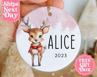 Kids Christmas Reindeer Name Ornament - Personalized Christmas Kids Ornament - Custom Name and Year Girls Ornament - Christmas 2023 MO-0364