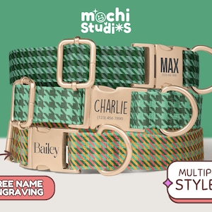 Green Abstract Pattern Personalized Dog Collar - Custom Name, Metal Buckle, Collar and Leash Set, Gift for Dogs - Green Herringbone DC-008