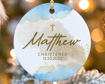 Personalized Christening Ornament - Name + Date Custom Baptism Ornament - Blue Watercolor Christened Ornament Keepsake MO-0315