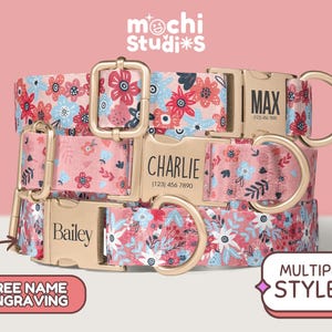 Pink Flowers Dog Collar, Matching Leash Set, Boho Groovy Flower Print, Floral Pink Dog Collar, Matching Leash Set, Metal Buckle DC-109
