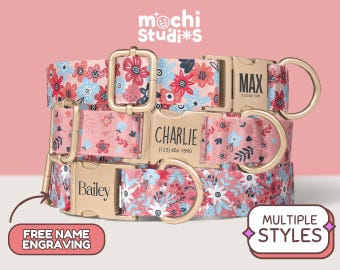 Pink Flowers Dog Collar, Matching Leash Set, Boho Groovy Flower Print, Floral Pink Dog Collar, Matching Leash Set, Metal Buckle DC-109