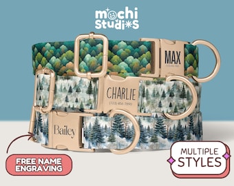 Forest Trees Pattern Personalized Dog Collar - Custom Name, Phone Number, Collar and Leash Set, Gift for Dogs - Autumn Winter Forest DC-010