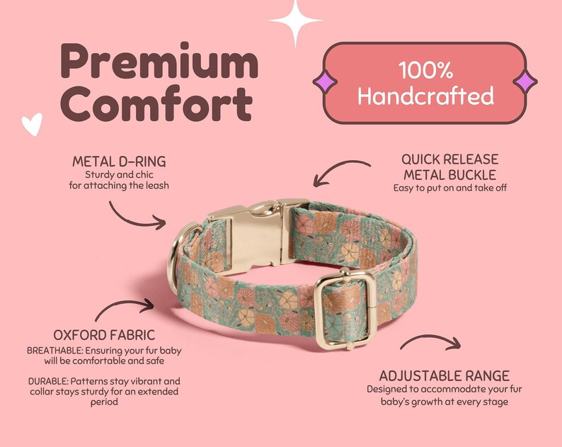 Vintage Floral Dog Collar Personalized, Custom Dog Collar with Name, Boho Floral Print Dog Collar, Collar Leash Set, Metal Buckle DC-069 image 3