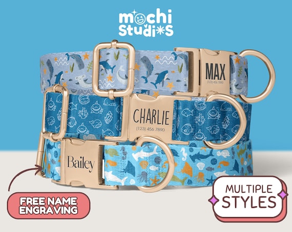 Shark Print Dog Collar, Personalized with Name, Shark Pattern, Sea Animals, Custom Boy Dog Collars, Metal Buckle, Matching Set DC-103