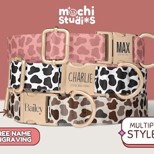 Cow Print Dog Collar, Personalized Cow Pattern Dog Collar, Brown Cow Print, Pink Cow Print, Matching Leash Set Collar, Metal Buckle DC-108