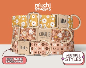 May include: Three personalized dog collars with floral patterns in yellow, brown, and pink. Each collar features a metal buckle with a name and phone number engraved. The collars have a D-ring for leash attachment. The image includes the text "FREE NAME ENGRAVING" and "MULTIPLE STYLES".