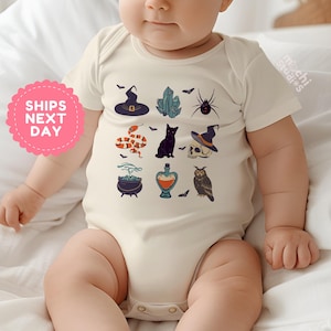 Halloween Baby Bodysuit, Witch Hat Infant Outfit, Cute Spooky Baby Clothes, Black Cat Baby Shirt, Fall Baby Shower Gift(AD-112)