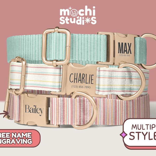 Pastel Pattern Dog Collar, Pastel Colors Minimalist Dog Collar, Custom with Name, Matching Leash Set, Metal Buckle, Easter Colors DC-119
