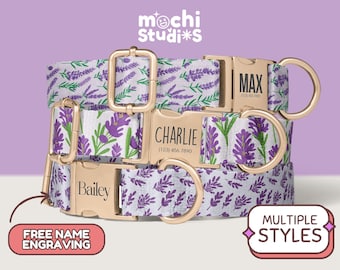 Lavender Dog Collar, Purple Lavender Print Dog Collar, Lavender Flowers Matching Leash Set, Custom Name, Metal Buckle DC-041