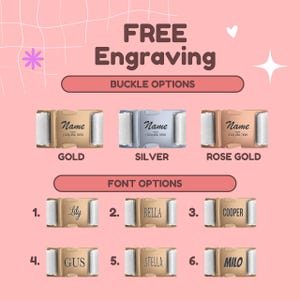 The image is a promotional graphic for a customizable pet product, featuring various buckle options and font options for personalizing the product.