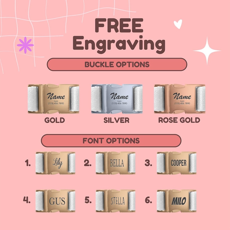 The image is a promotional graphic for a customizable pet product, featuring various buckle options and font options for personalizing the product.