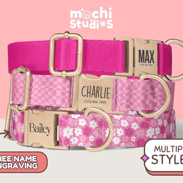 Personalized Plain Pink Color Dog Collar - Pink Pattern Flowers, Custom Name, Metal Buckle, Collar Leash Set, Girl - Barbie Pink DC-015