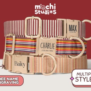 Cute Striped 80's 70's Retro Groovy Personalized Dog Collar - Custom Name, Phone Number, Engraved, Collar Leash Set, Striped DC-024