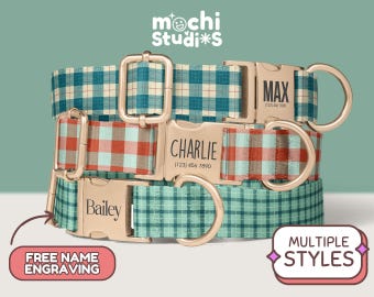 Plaid Dog Collars Personalized Dog Collars, Custom Dog Collar with Name, Engraved Metal Buckle, Collar Leash Set, Boy Dog Collars DC-070