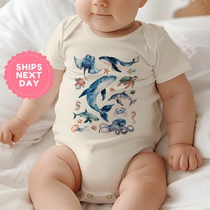 Ocean Animals Baby Bodysuit, Sea Life Newborn Outfit, Watercolor Marine Creatures Baby Shower Gift, Sea Creature Infant Clothes(AD-38)