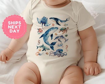 Ocean Animals Baby Bodysuit, Sea Life Newborn Outfit, Watercolor Marine Creatures Baby Shower Gift, Sea Creature Infant Clothes(AD-38)