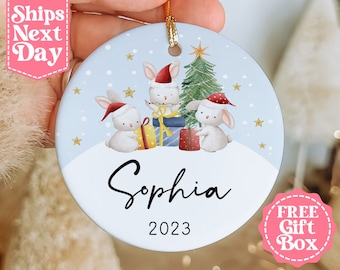 Kids Christmas Bunny Name Ornament - Personalized Christmas Kids Ornament - Custom Name and Year Girls Ornament - Christmas 2023 MO-0356