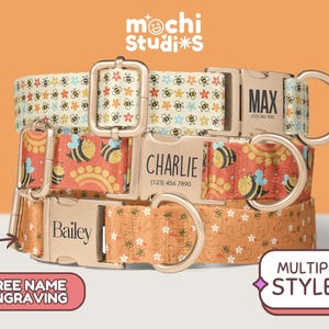 Bumble Bee Print Dog Collar, Custom Dog Collar with Name, Bee Print Dog Collar, Matching Leash Set, Metal Buckle, Bee Pattern DC-110